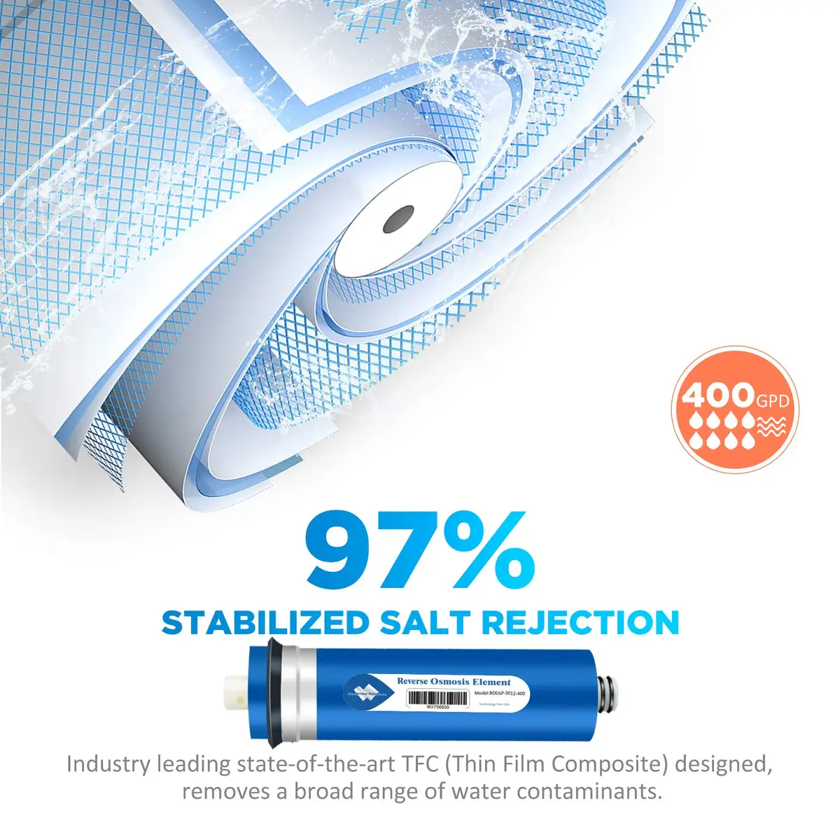Membrane Solutions NSF/ANSI 58 Certified 400 GPD Reverse Osmosis Membrane | High Flow & Rejection for Home & Commercial Use - view 2