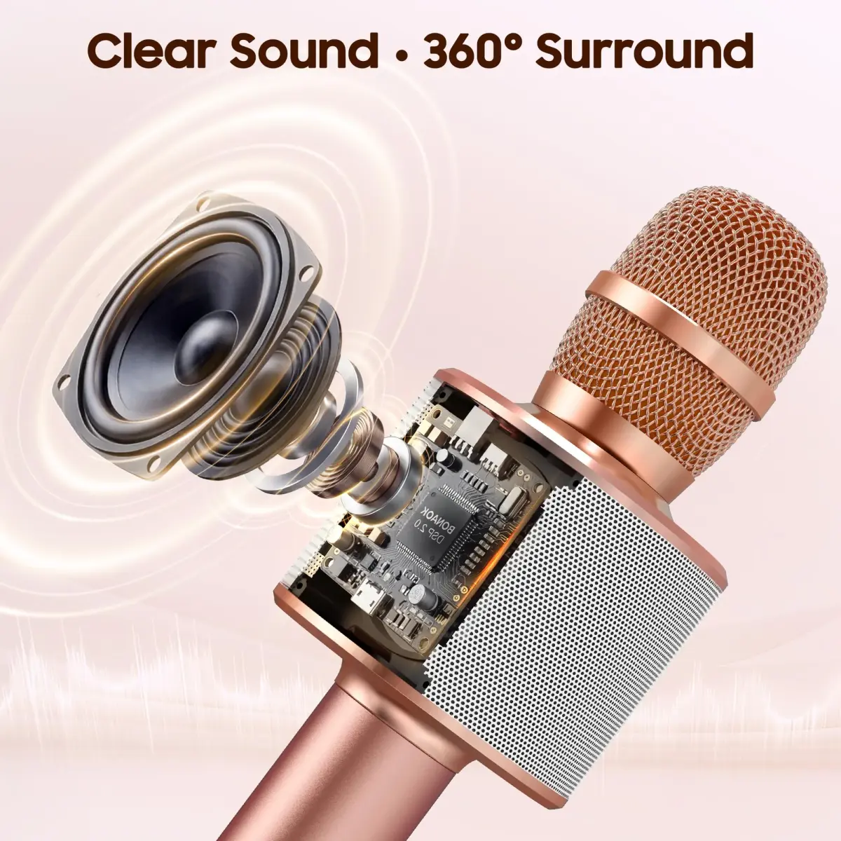 BONAOK Q37 Wireless Bluetooth Karaoke Microphone - Rose Gold | Portable Handheld Mic Speaker for Parties - view 2