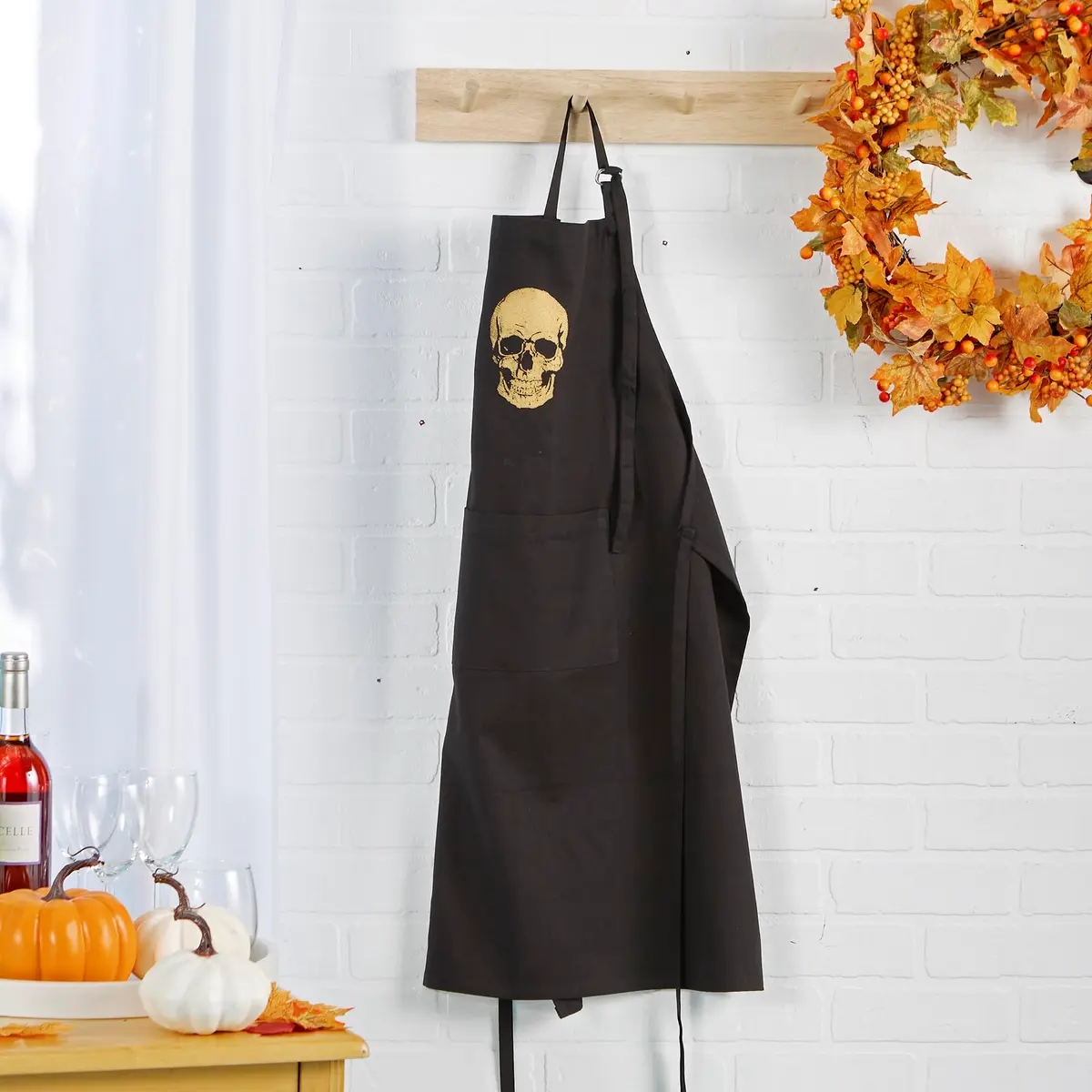 DII Happy Halloween Collection Goth Style Spooky Kitchen Apron, One Size, Gold Skull | Festive Halloween Apron for Men & Women - view 4