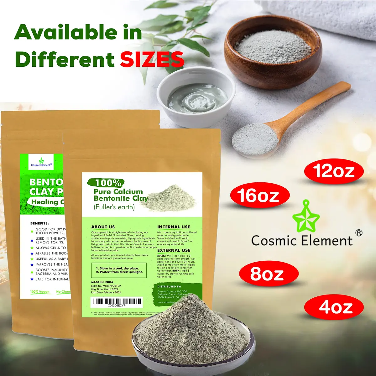 Cosmic Element Calcium Bentonite Clay Powder 4 oz | Skin Detox & Deep Pore Cleansing - view 7