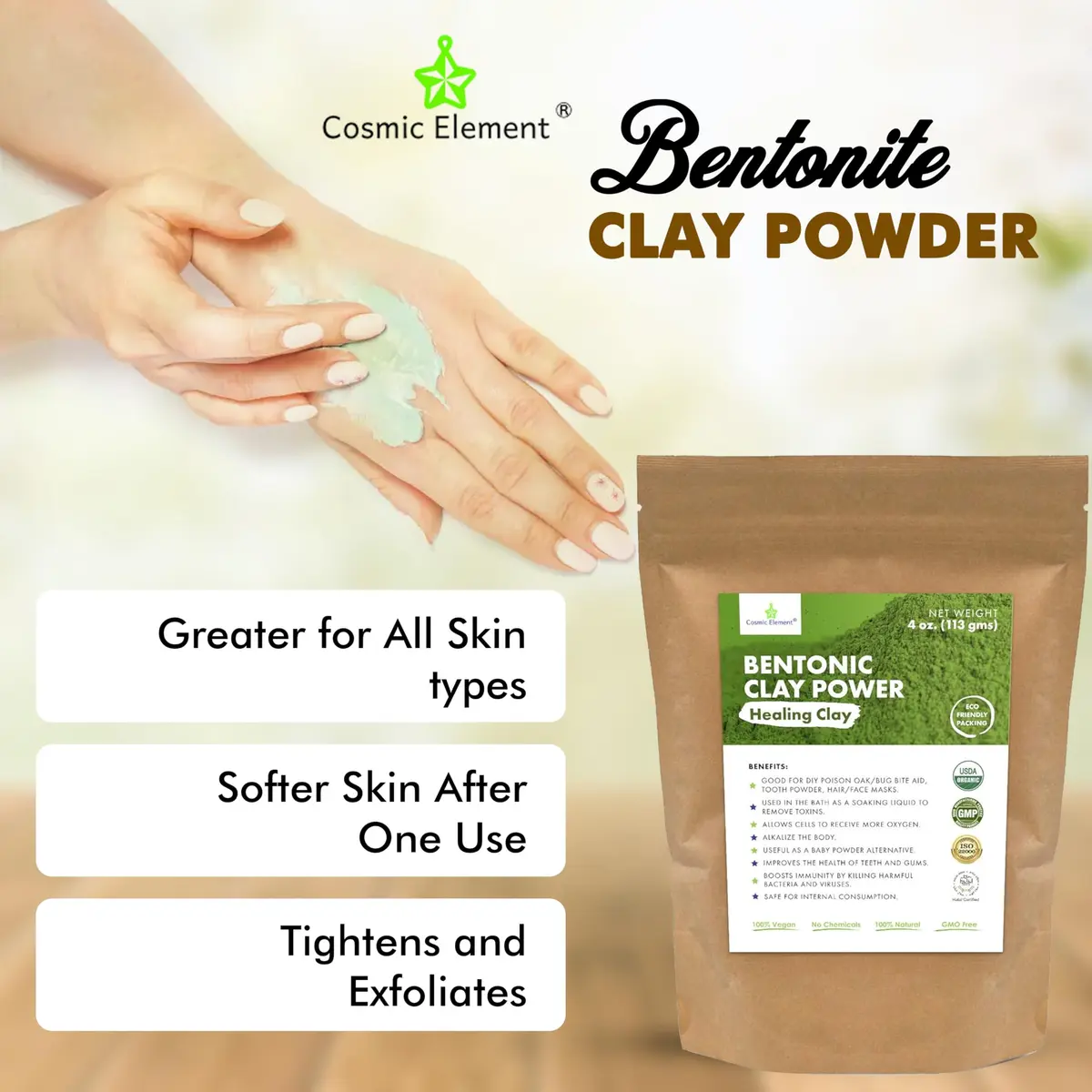 Cosmic Element Calcium Bentonite Clay Powder 4 oz | Skin Detox & Deep Pore Cleansing - view 2