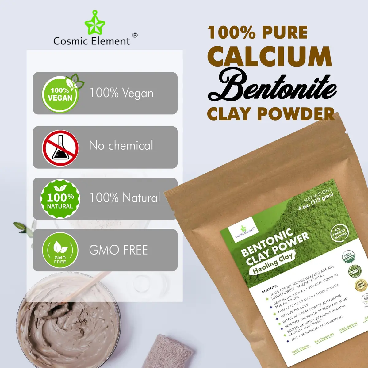 Cosmic Element Calcium Bentonite Clay Powder 4 oz | Skin Detox & Deep Pore Cleansing - view 3