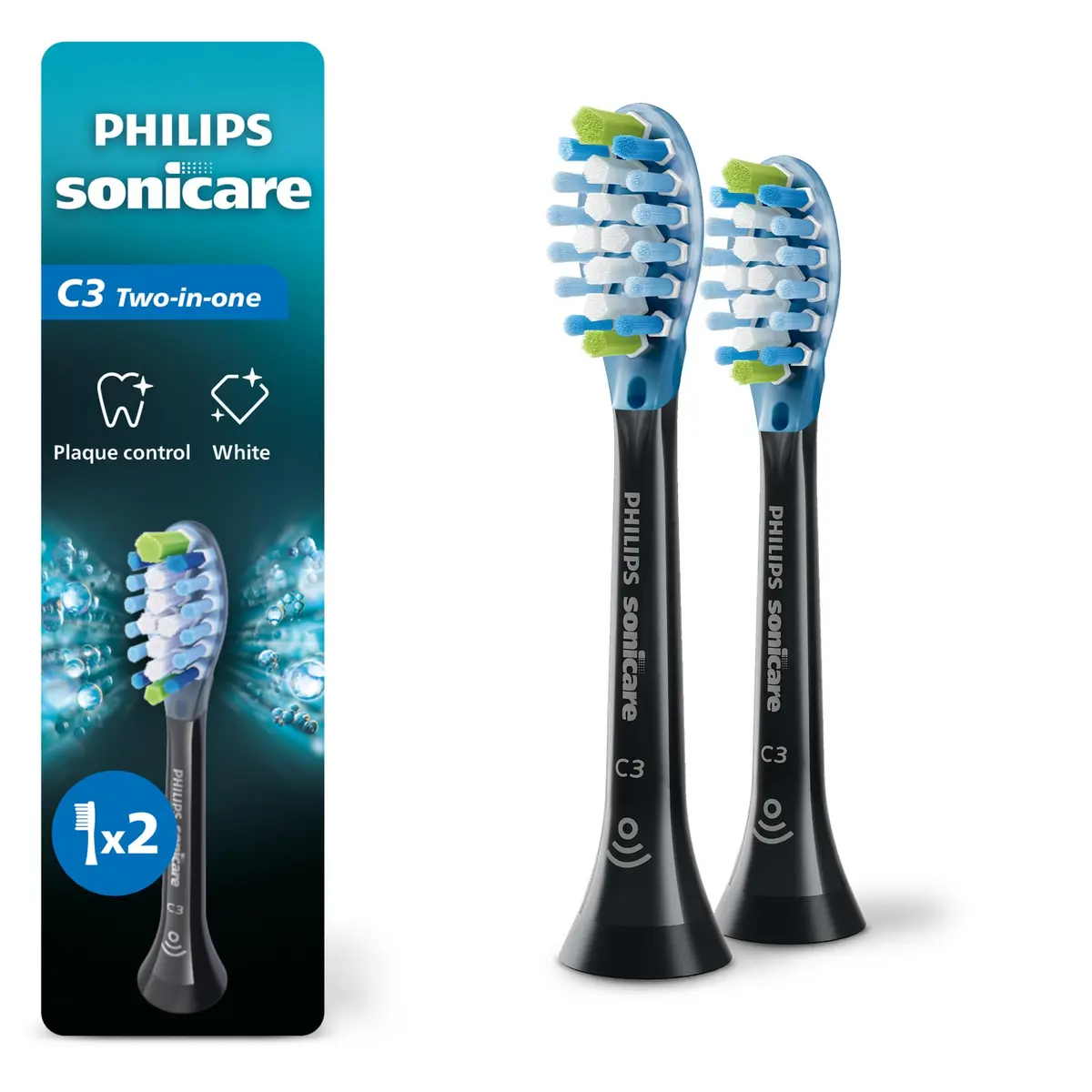 Philips Sonicare C3 Two-in-One Replacement Toothbrush Heads Black 2 Count | Deep Clean & Stain Removal - main product image