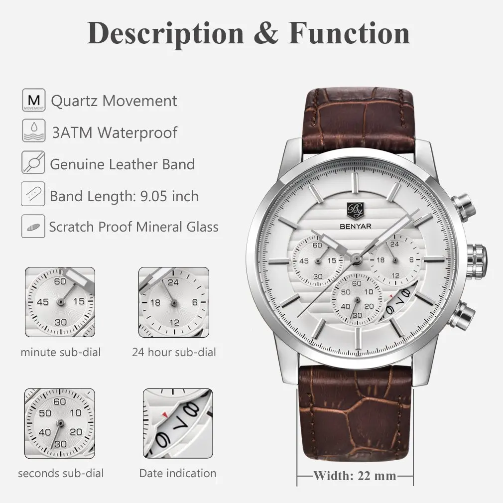 BY BENYAR Men's Analog Quartz Chronograph Watch 44mm (1.73 inch) | Water Resistant with Luminous Dial - view 2