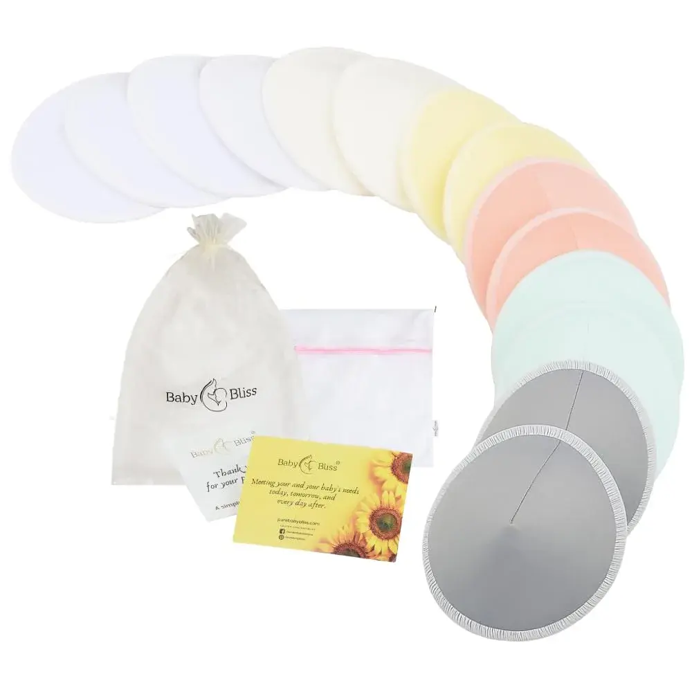 BABY BLISS Organic Nursing Pads Washable Bamboo Viscose Breastfeeding Pads 14 Count (Pastel Touch, 3.9") | Triple-Layer Leak Protection - main product image