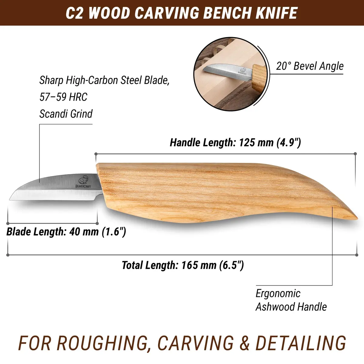 BeaverCraft Whittling Knife C2 6.5" (16.5cm) | Carbon Steel Detail Carving Tool for Beginners - view 2