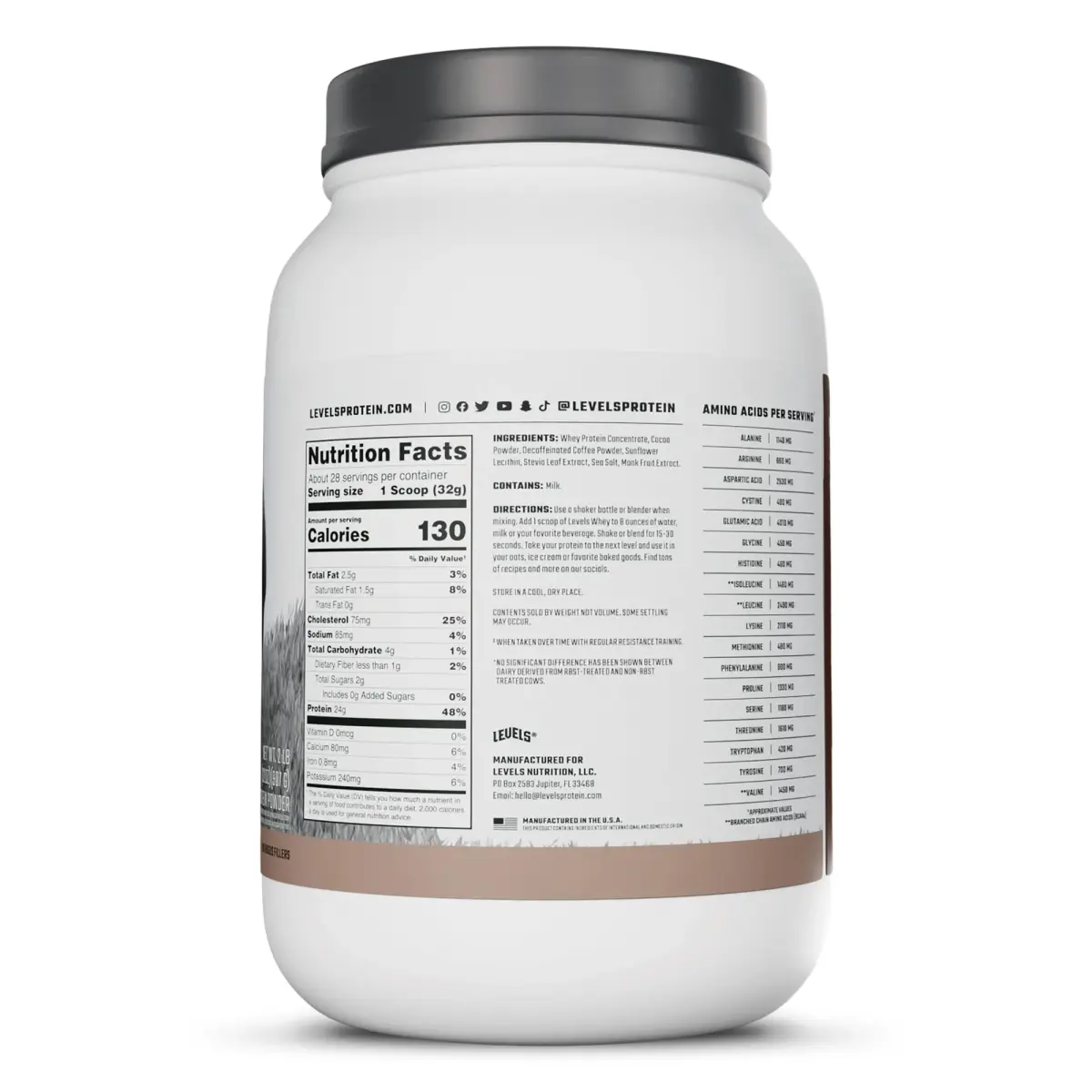 Levels Nutrition Chocolate Mocha Whey Protein Powder 907g (2lb) | Grass-Fed Dairy, 24g Protein Per Scoop - view 8
