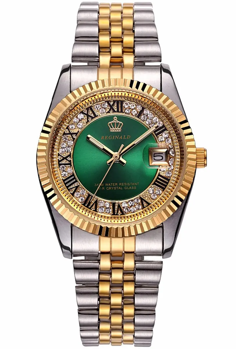 CARLIEN Silver & Gold Stainless Steel Strap Waterproof Quartz Women's Watch (Green) | Classic Calendar - main product image