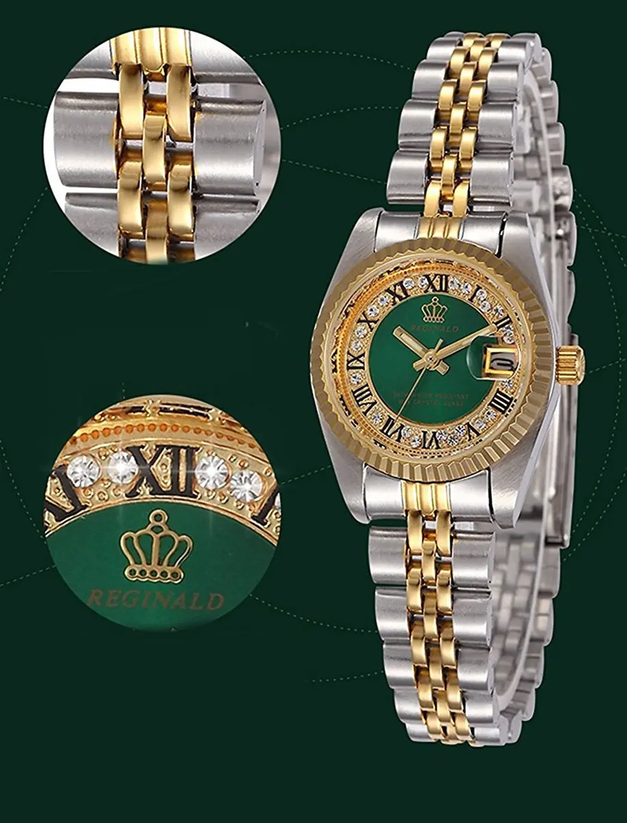 CARLIEN Silver & Gold Stainless Steel Strap Waterproof Quartz Women's Watch (Green) | Classic Calendar - view 5