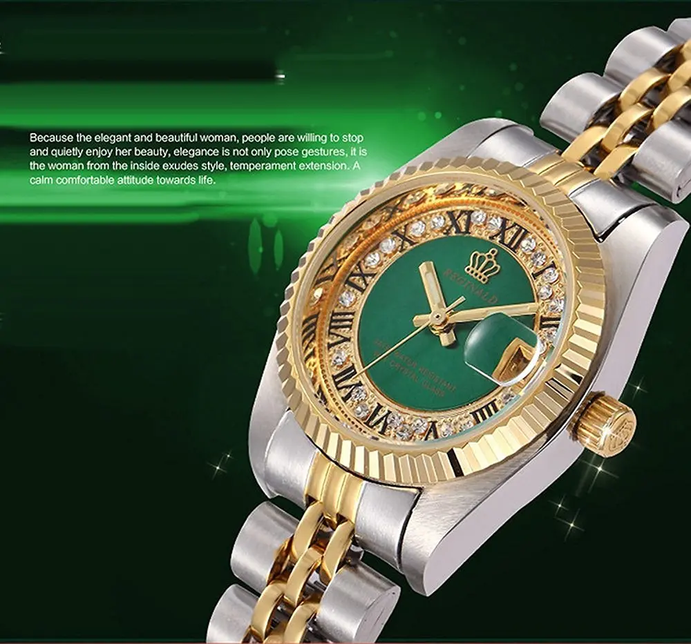 CARLIEN Silver & Gold Stainless Steel Strap Waterproof Quartz Women's Watch (Green) | Classic Calendar - view 2