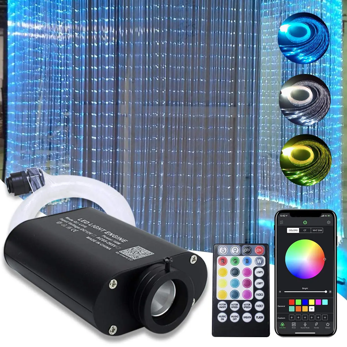 AMKI 16W Bluetooth Fiber Optic Curtain Light Kit 3m (9.8ft) 300pcs | RGBW Waterfall Effect Music Mode App/Remote Control - main product image