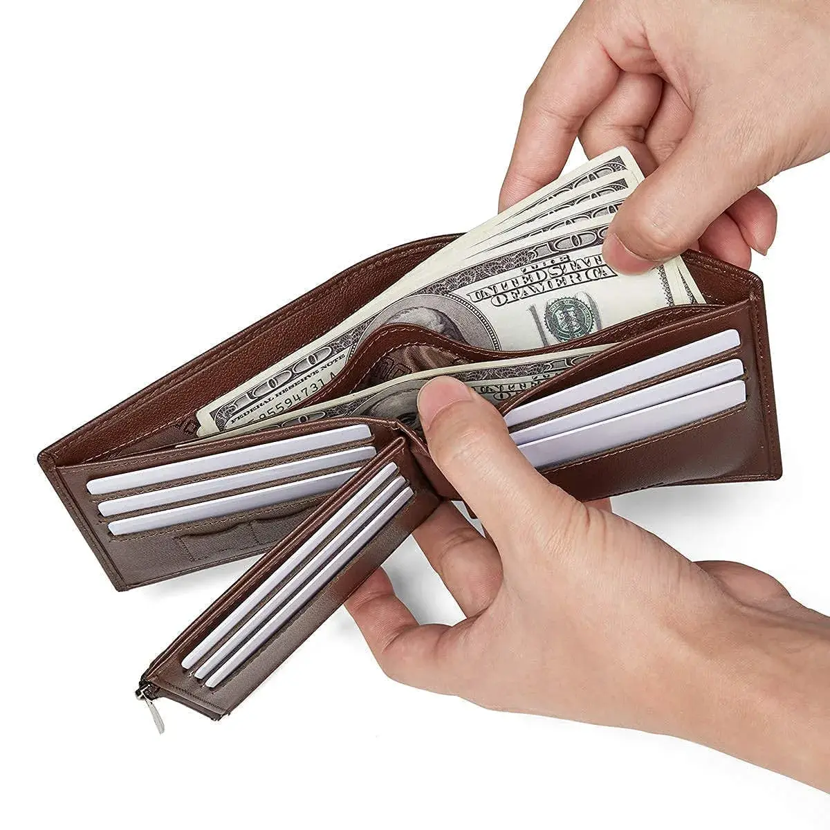LAORENTOU Genuine Leather Bifold Wallet with Zipper Pocket & ID Window | 11cm (4.33") x 9.5cm (3.74") - view 7