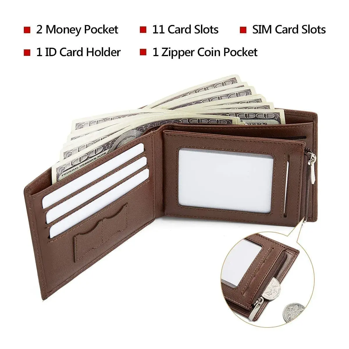 LAORENTOU Genuine Leather Bifold Wallet with Zipper Pocket & ID Window | 11cm (4.33") x 9.5cm (3.74") - view 4