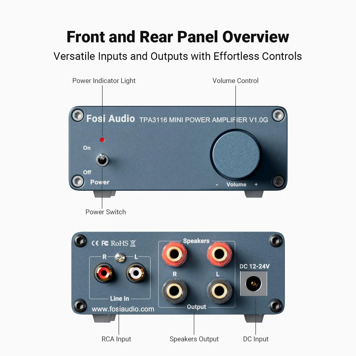 Fosi Audio V1.0G 2 Channel Class D Mini Stereo Amplifier 50W x 2 | Efficient Home & Professional Audio - view 6