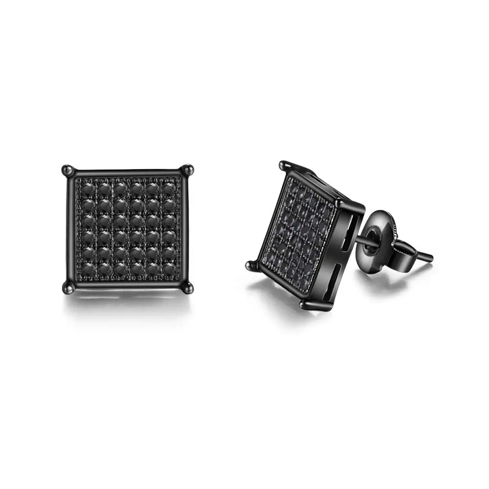 Tarsus 9.5mm Mens Square Earrings Black Diamond Crystal | Big Stainless Steel Stud for Men & Women - main product image