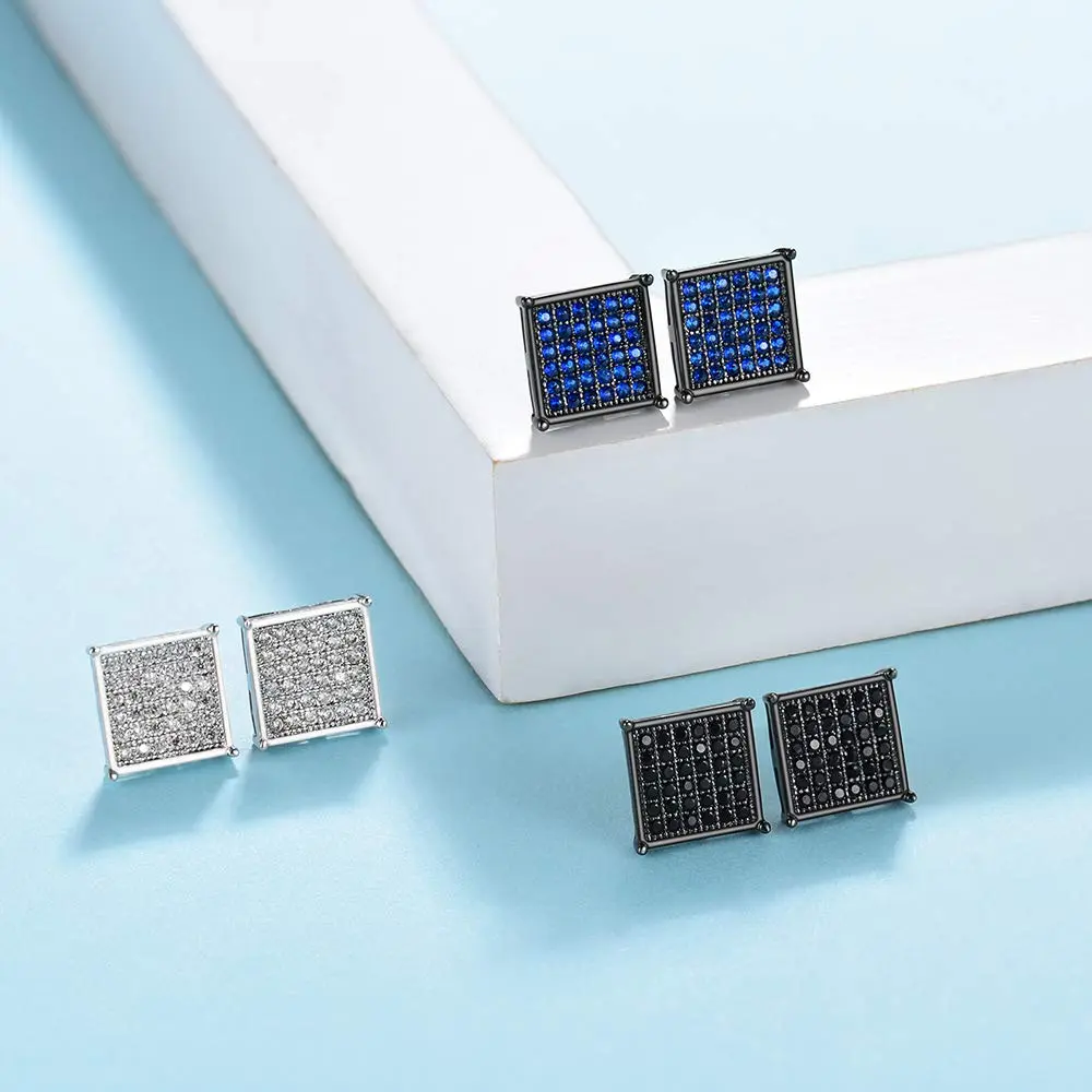 Tarsus 9.5mm Mens Square Earrings Black Diamond Crystal | Big Stainless Steel Stud for Men & Women - view 5
