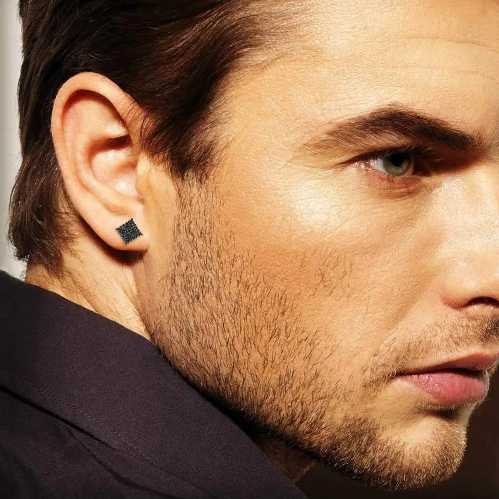 Tarsus 9.5mm Mens Square Earrings Black Diamond Crystal | Big Stainless Steel Stud for Men & Women - view 6