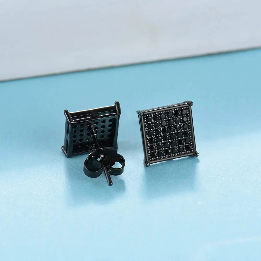 Tarsus 9.5mm Mens Square Earrings Black Diamond Crystal | Big Stainless Steel Stud for Men & Women - view 2