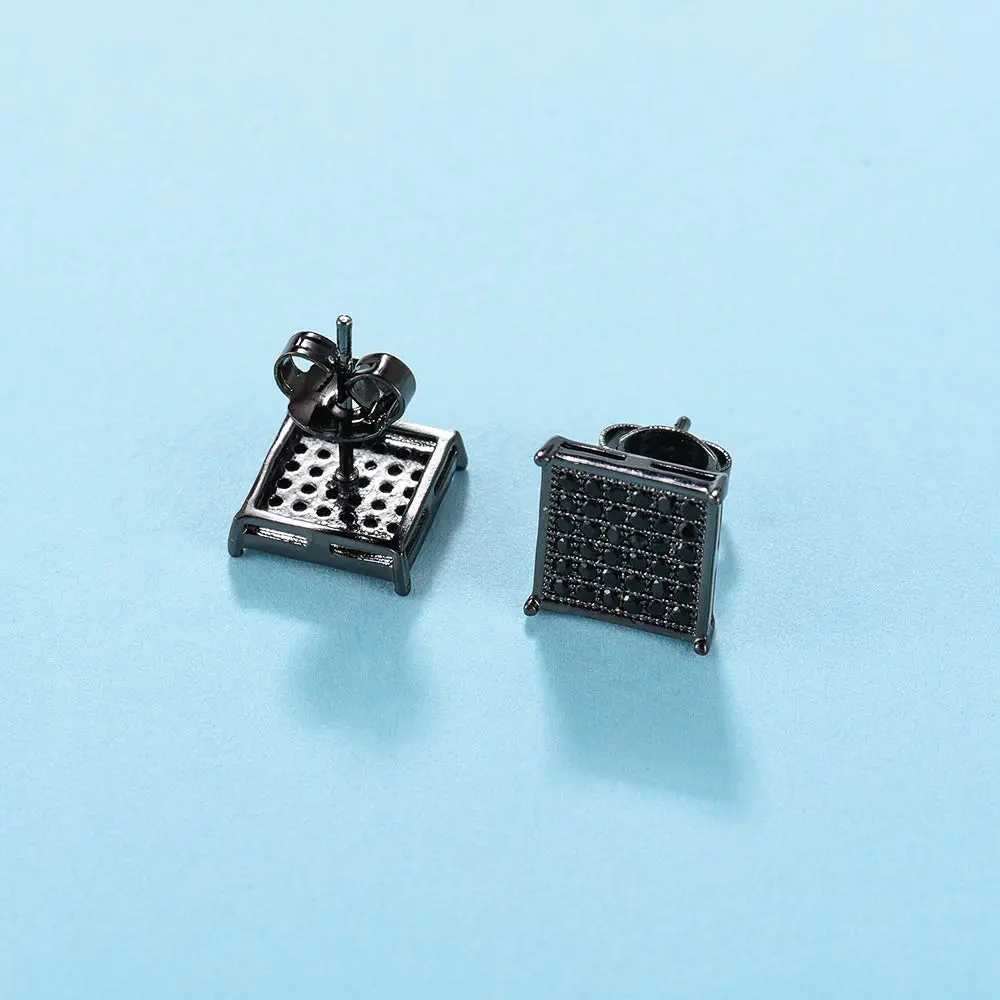 Tarsus 9.5mm Mens Square Earrings Black Diamond Crystal | Big Stainless Steel Stud for Men & Women - view 3