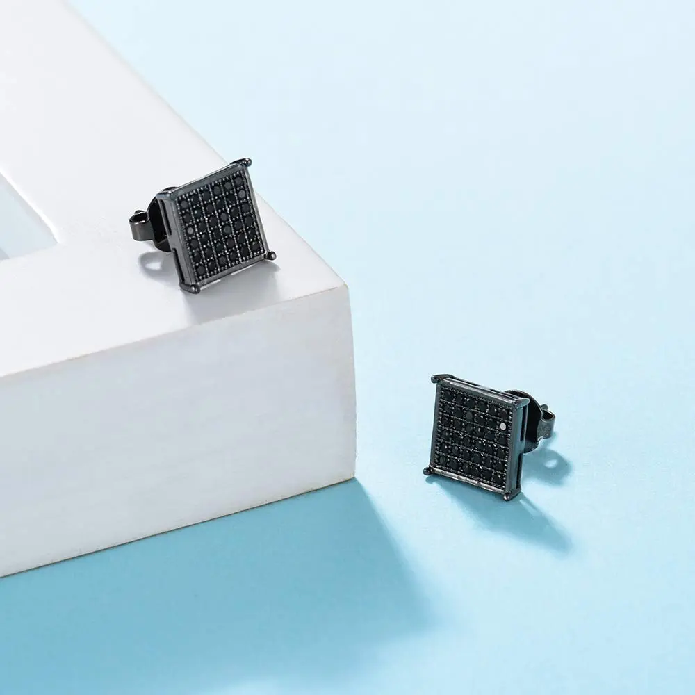 Tarsus 9.5mm Mens Square Earrings Black Diamond Crystal | Big Stainless Steel Stud for Men & Women - view 4