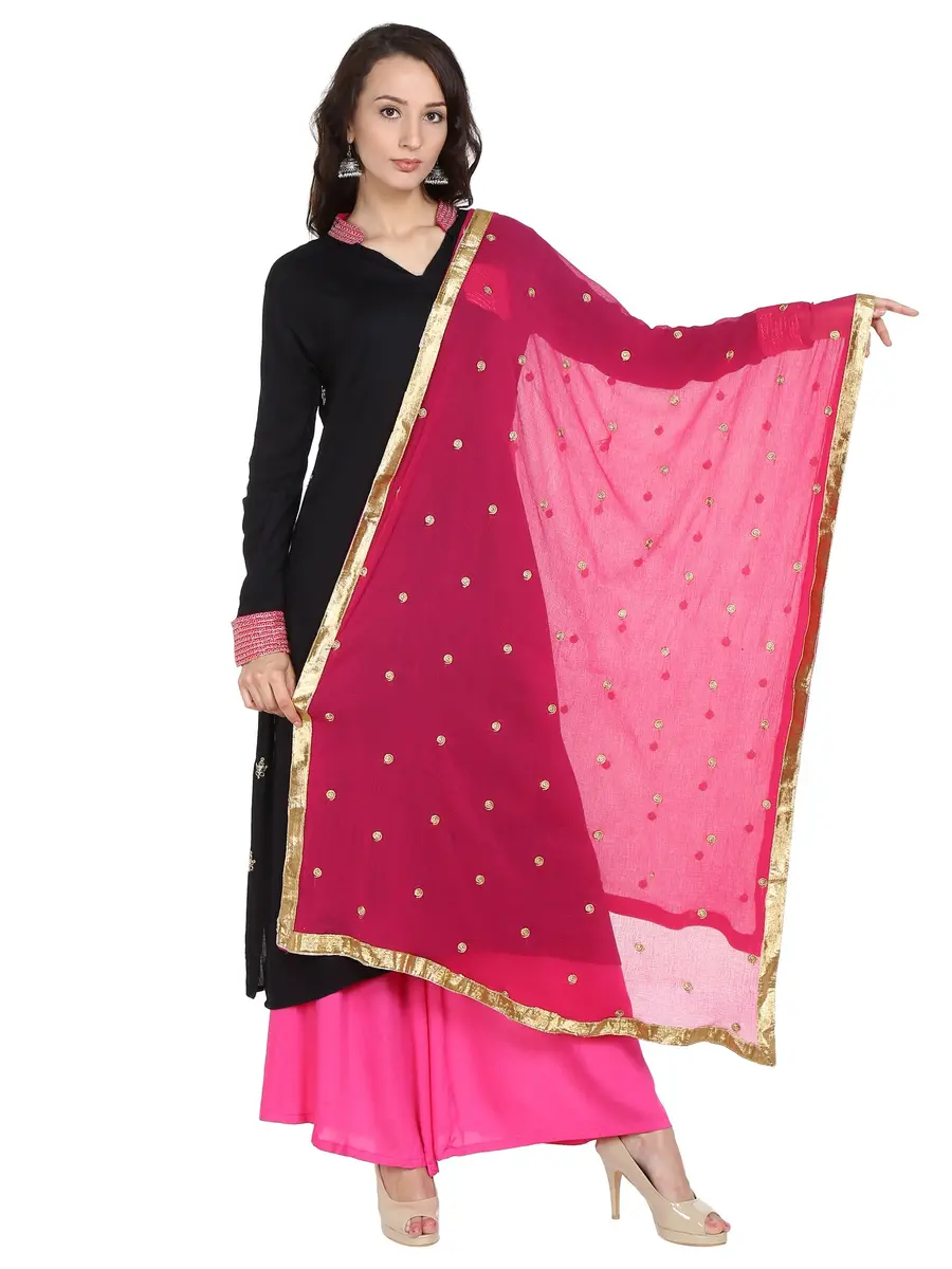 DUPATTA BAZAAR Women's Embroidered Pink & Gold Chiffon Dupatta 235 cm (92 in) | Soft Flowy Fabric for Cultural Meets - main product image