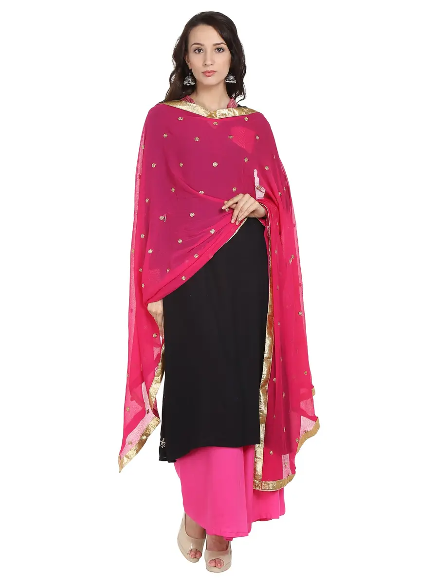 DUPATTA BAZAAR Women's Embroidered Pink & Gold Chiffon Dupatta 235 cm (92 in) | Soft Flowy Fabric for Cultural Meets - view 2