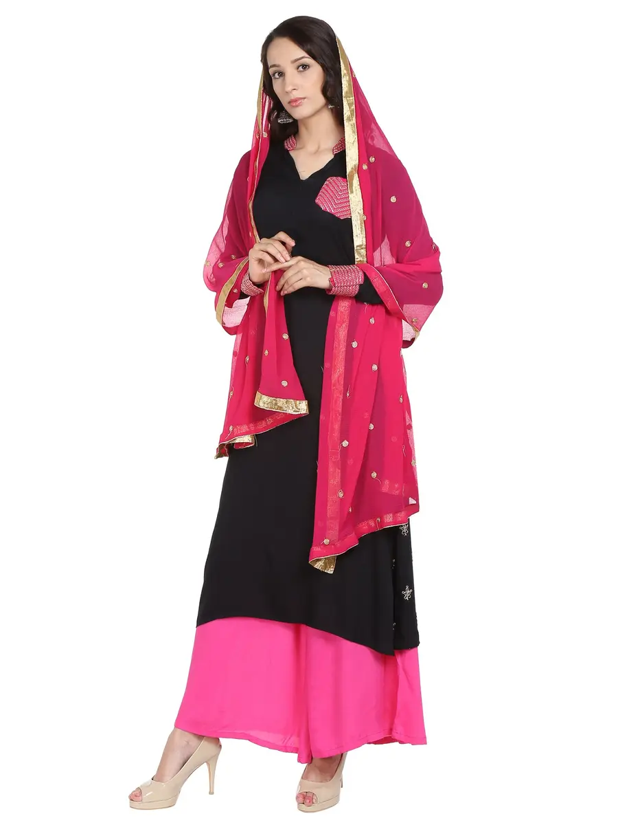 DUPATTA BAZAAR Women's Embroidered Pink & Gold Chiffon Dupatta 235 cm (92 in) | Soft Flowy Fabric for Cultural Meets - view 3