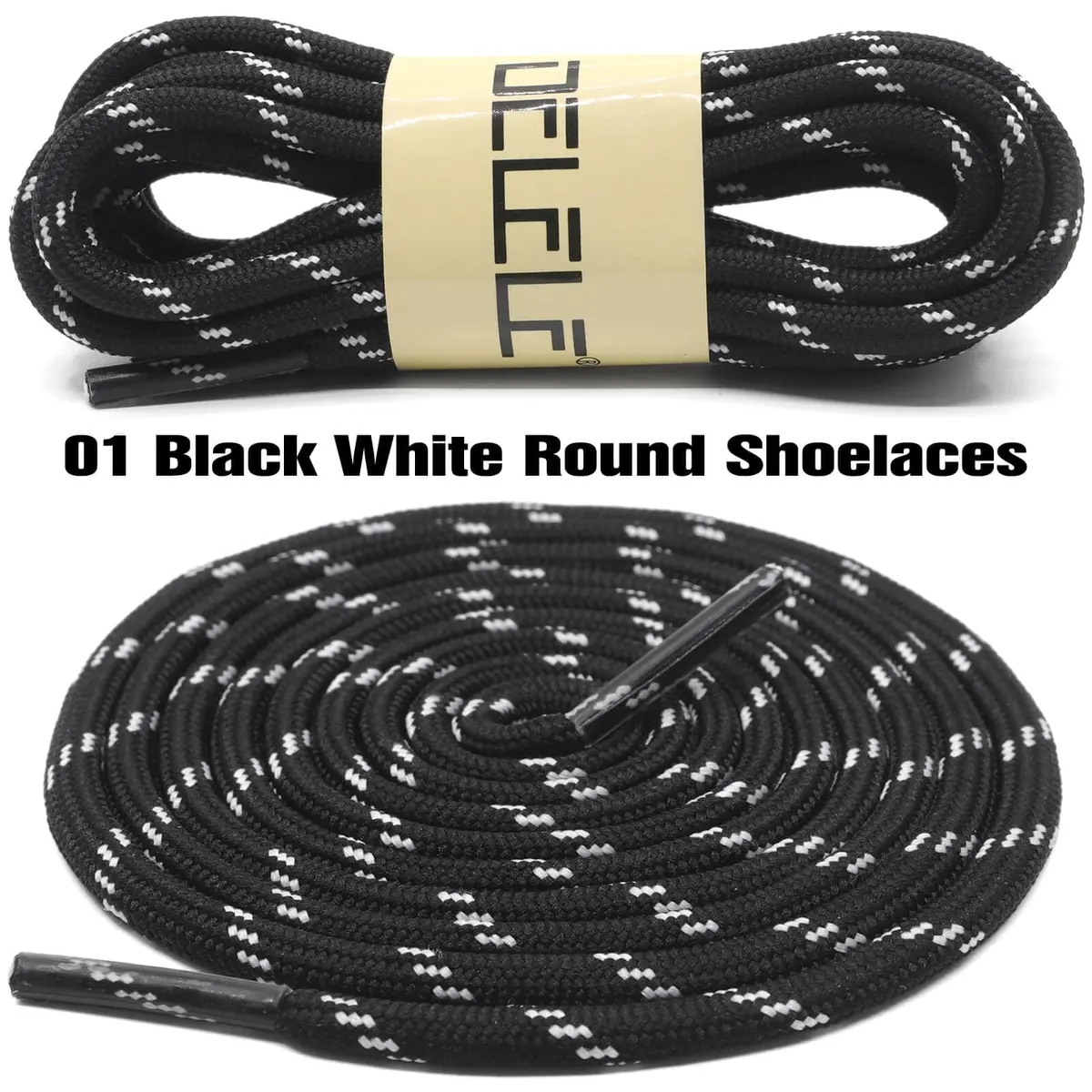 DELELE Round Work Boot Laces 63 Inch (160cm) Black White | 2 Pairs Heavy Duty Polyester Shoelaces - view 2