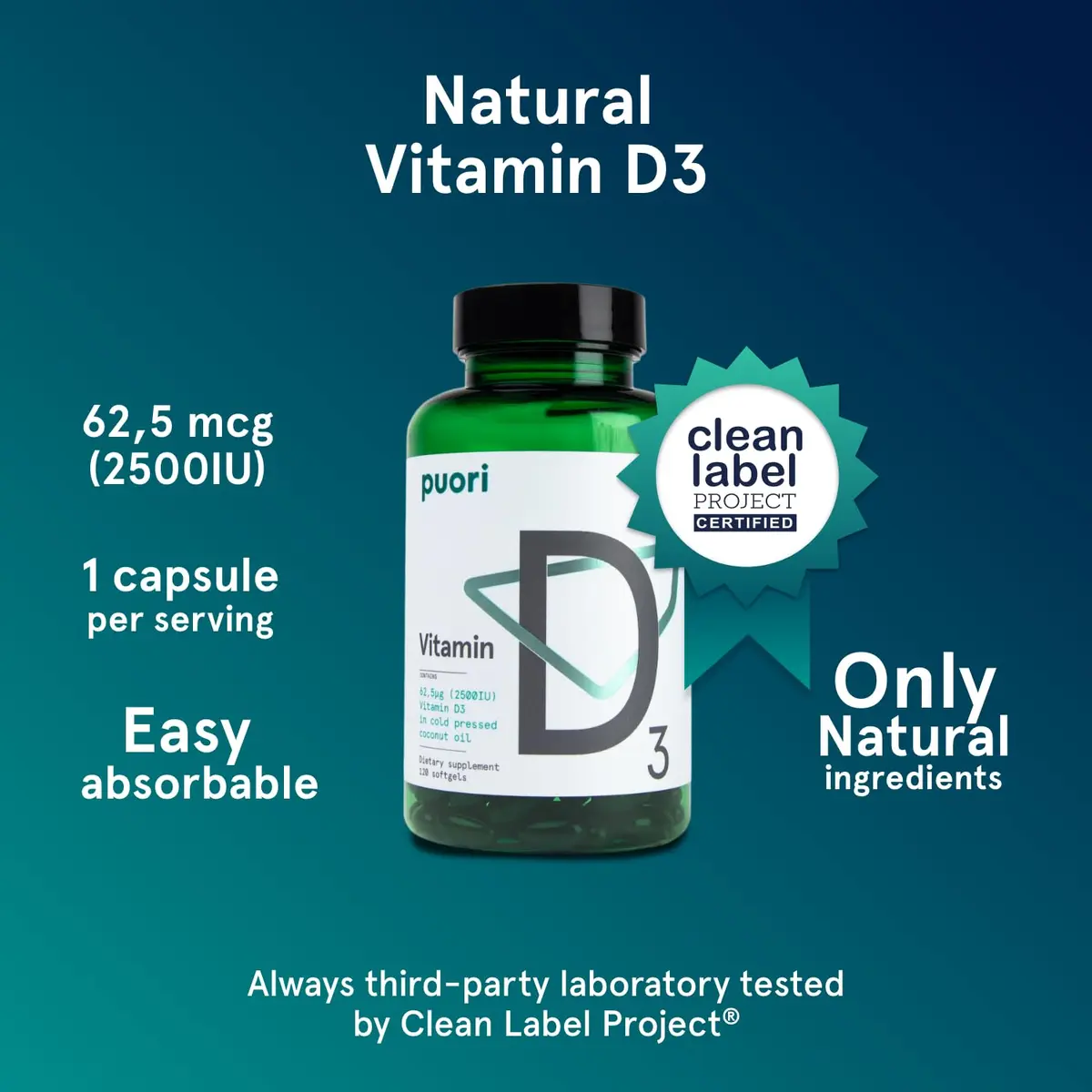 Puori Vitamin D3 Softgels for Adults 120 Count | Supports Bone & Immune Health - view 2