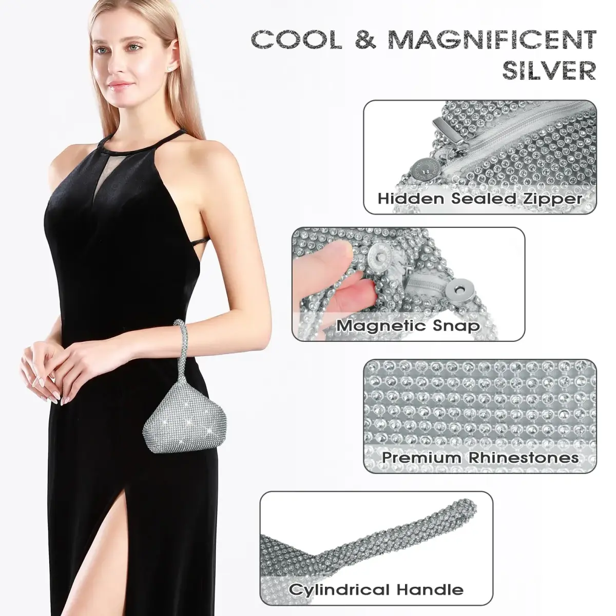 JIAN YA NA Leaf Silver Rhinestone Trihedral Clutch Evening Bag 11.3cm x 15.5cm | Bling Zipper Wedding Purse - view 5