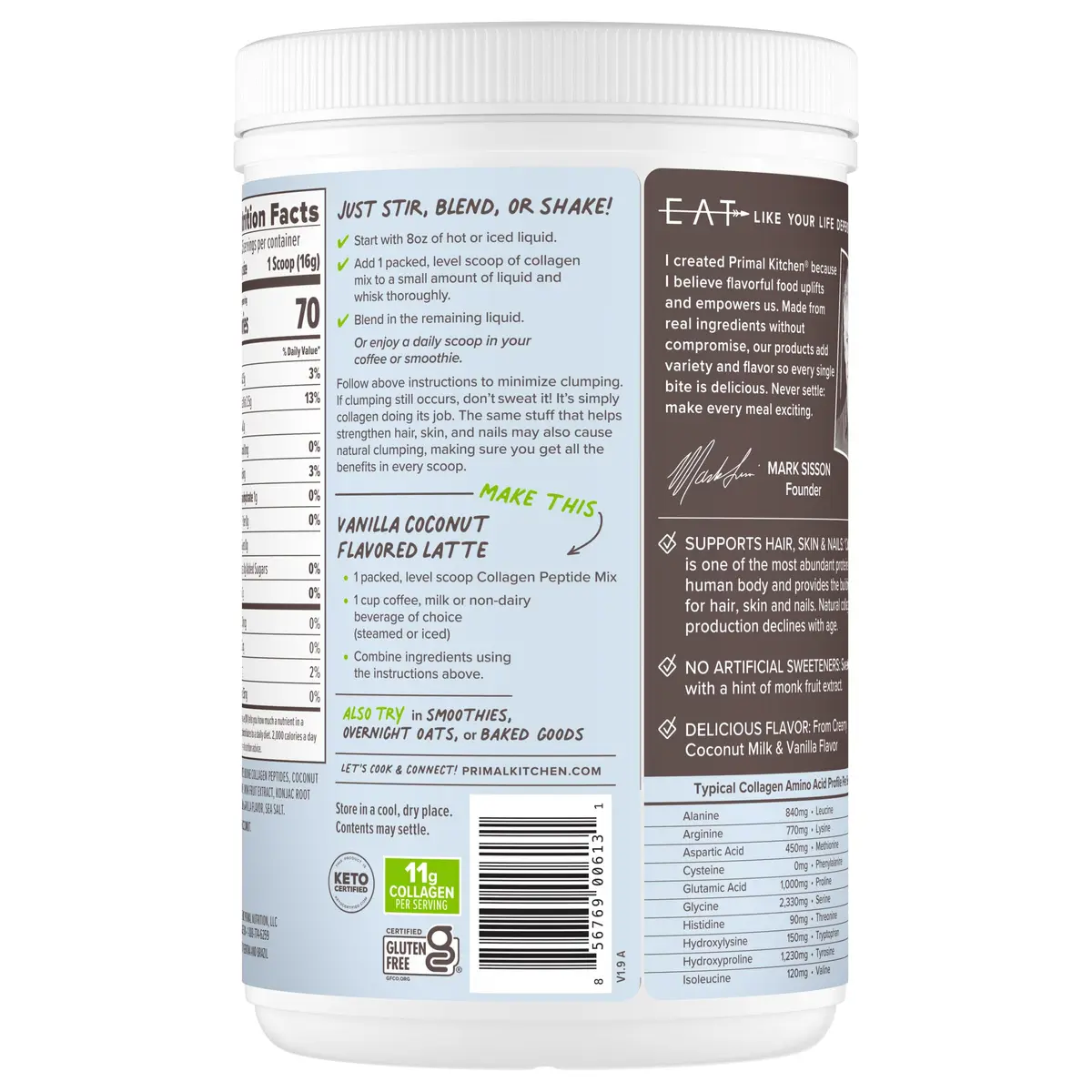 Primal Kitchen Vanilla Collagen Fuel Drink Mix 14.4 oz (408g) | 11g Collagen Peptides Per Serving - view 8