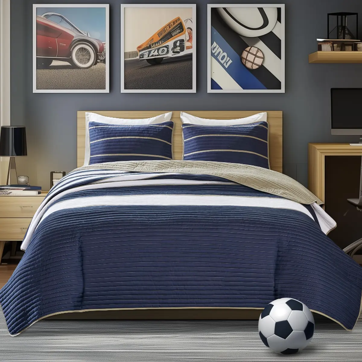 Comfort Spaces Twin XL Quilt Set Lightweight Kids Coverlet 66"x90" | Striped Blue - main product image