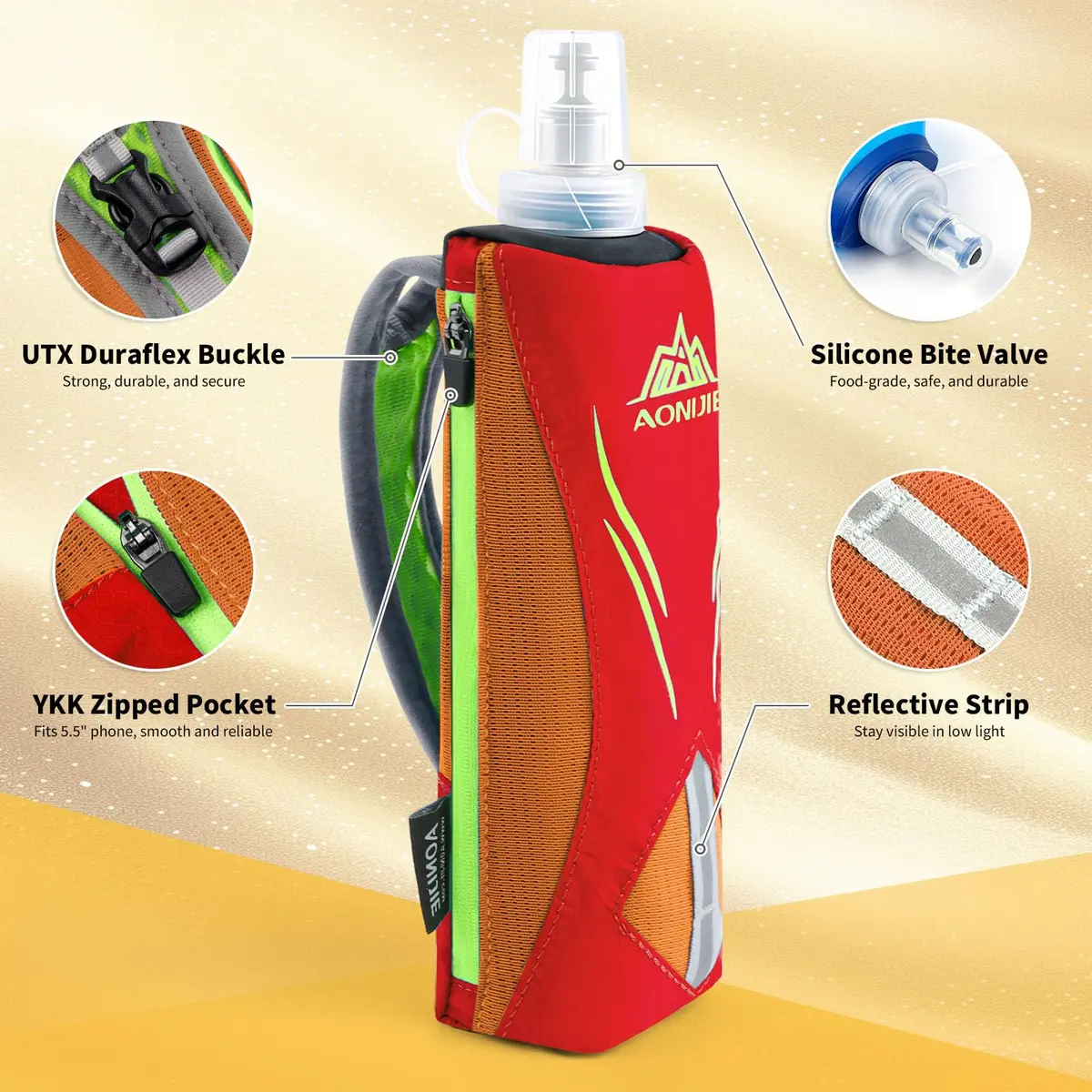 Geila Handheld Water Bottle for Running 17 oz | Soft Flask with Hand Strap, Hydration Pack, Orange - view 2