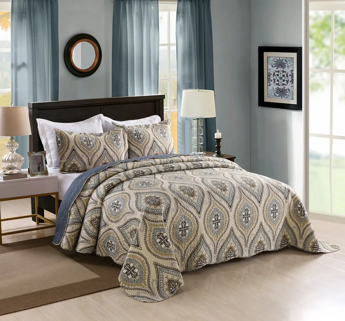 MarCielo 3 Piece Quilted Bedspread Queen | Oversized Lightweight Bedding Ensemble with Floral Pattern - view 3