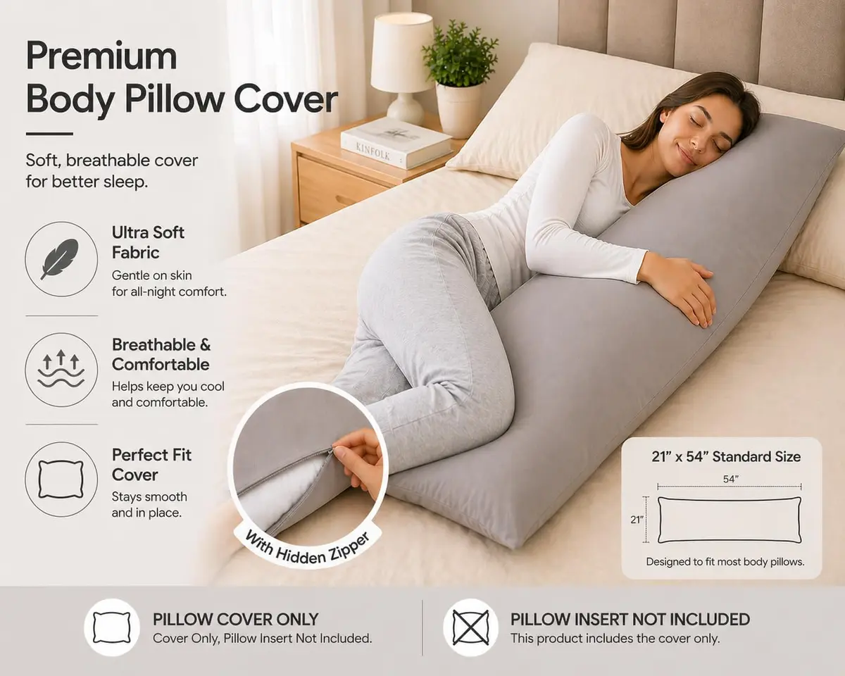EVOLIVE Silver Grey Microfiber Body Pillow Cover 21"x54" | Ultra-Soft Breathable Microfiber - view 4
