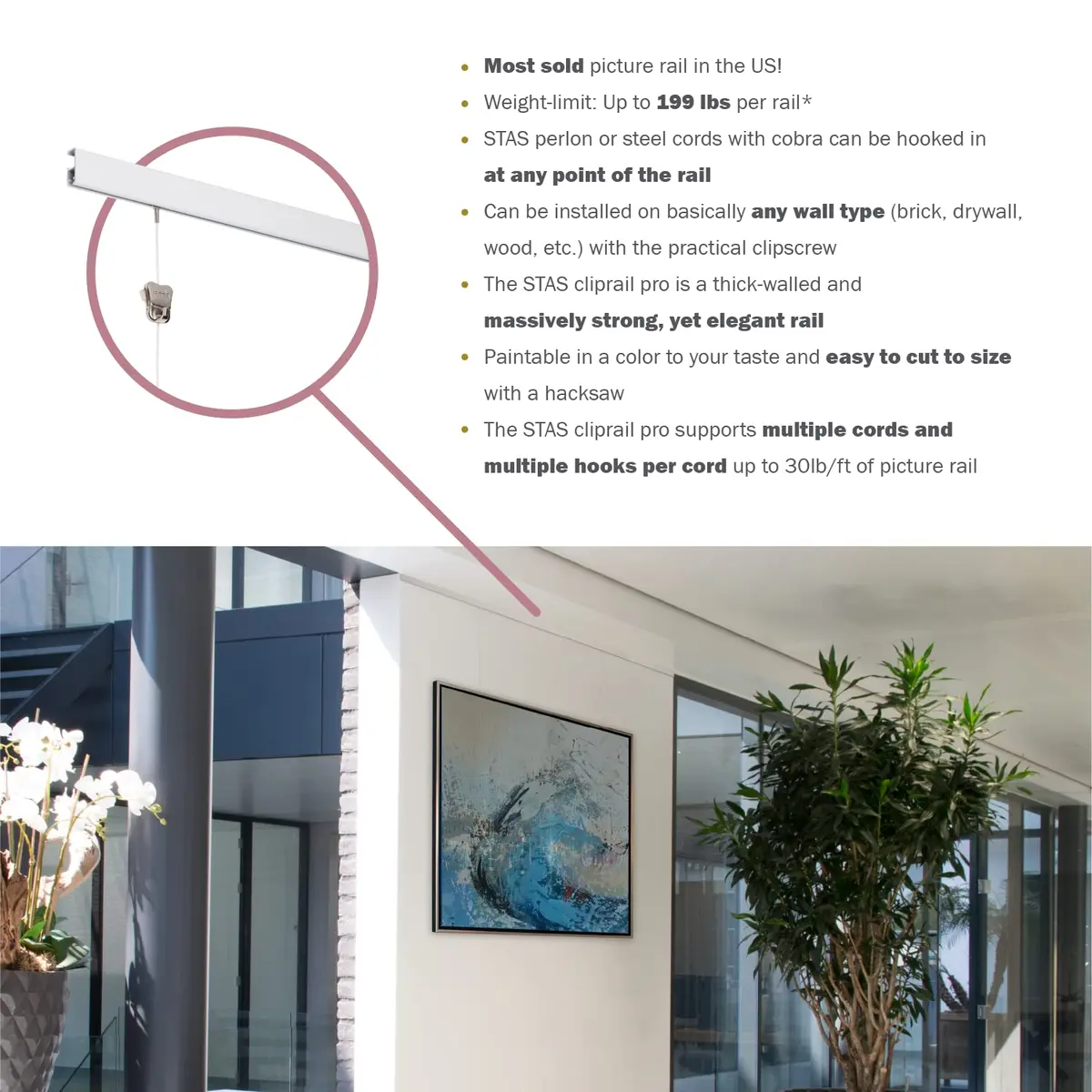 Stas Picture Hanging Systems Cliprail Pro Set - Heavy Duty Aluminum Rail 9.84 ft | Elegant Gallery Kit for Home & Museum - view 5