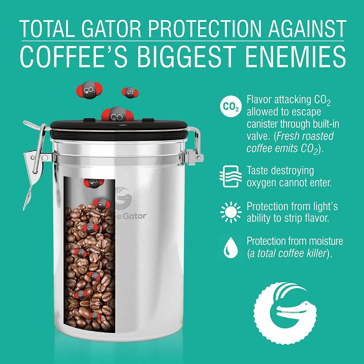 Coffee Gator Coffee Canister 22oz | Airtight Stainless Steel Container with Date Tracker & Scoop - view 6