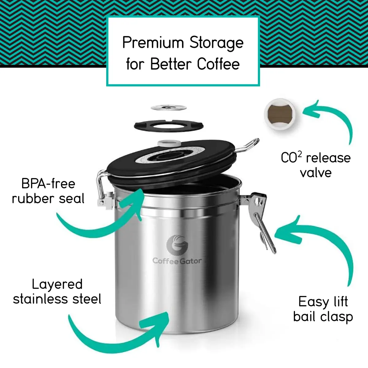 Coffee Gator Coffee Canister 22oz | Airtight Stainless Steel Container with Date Tracker & Scoop - view 4
