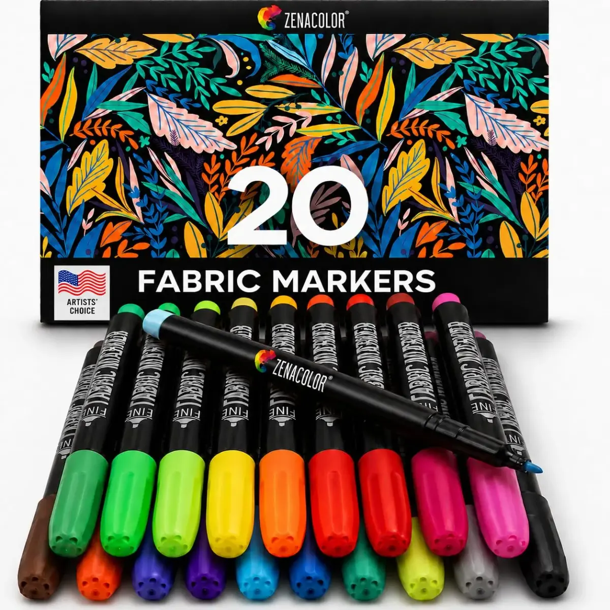Zenacolor 20 Fabric Markers Pens Set - Indelible & Permanent Textile Markers, Fine Point, Multicolor (20 Count) - main product image