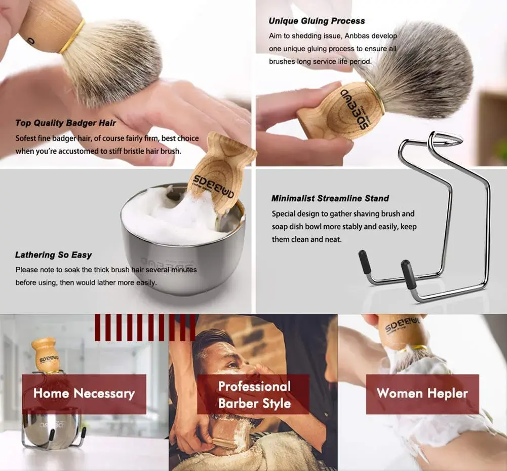 Anbbas Badger Hair Shaving Brush with Wooden Handle, Stand & Bowl | Traditional Wet Shave Set - view 3