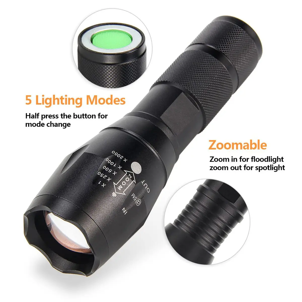 ULTRAFIRE A100 Tactical LED Flashlight 800 Lumens | Focusable, Interchangeable Lenses, Magnetic Base, Weather-Resistant - view 2