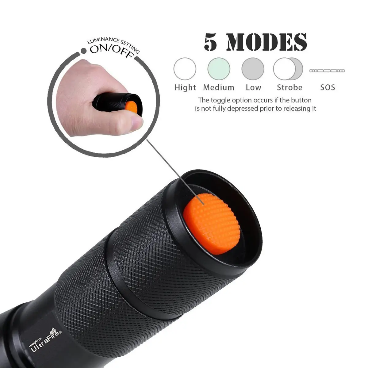 ULTRAFIRE A100 Tactical LED Flashlight 800 Lumens | Focusable, Interchangeable Lenses, Magnetic Base, Weather-Resistant - view 3