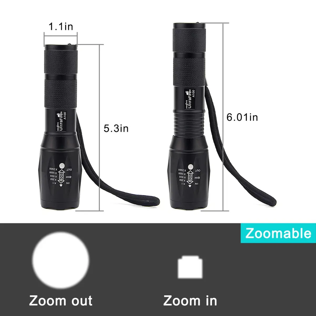 ULTRAFIRE A100 Tactical LED Flashlight 800 Lumens | Focusable, Interchangeable Lenses, Magnetic Base, Weather-Resistant - view 4