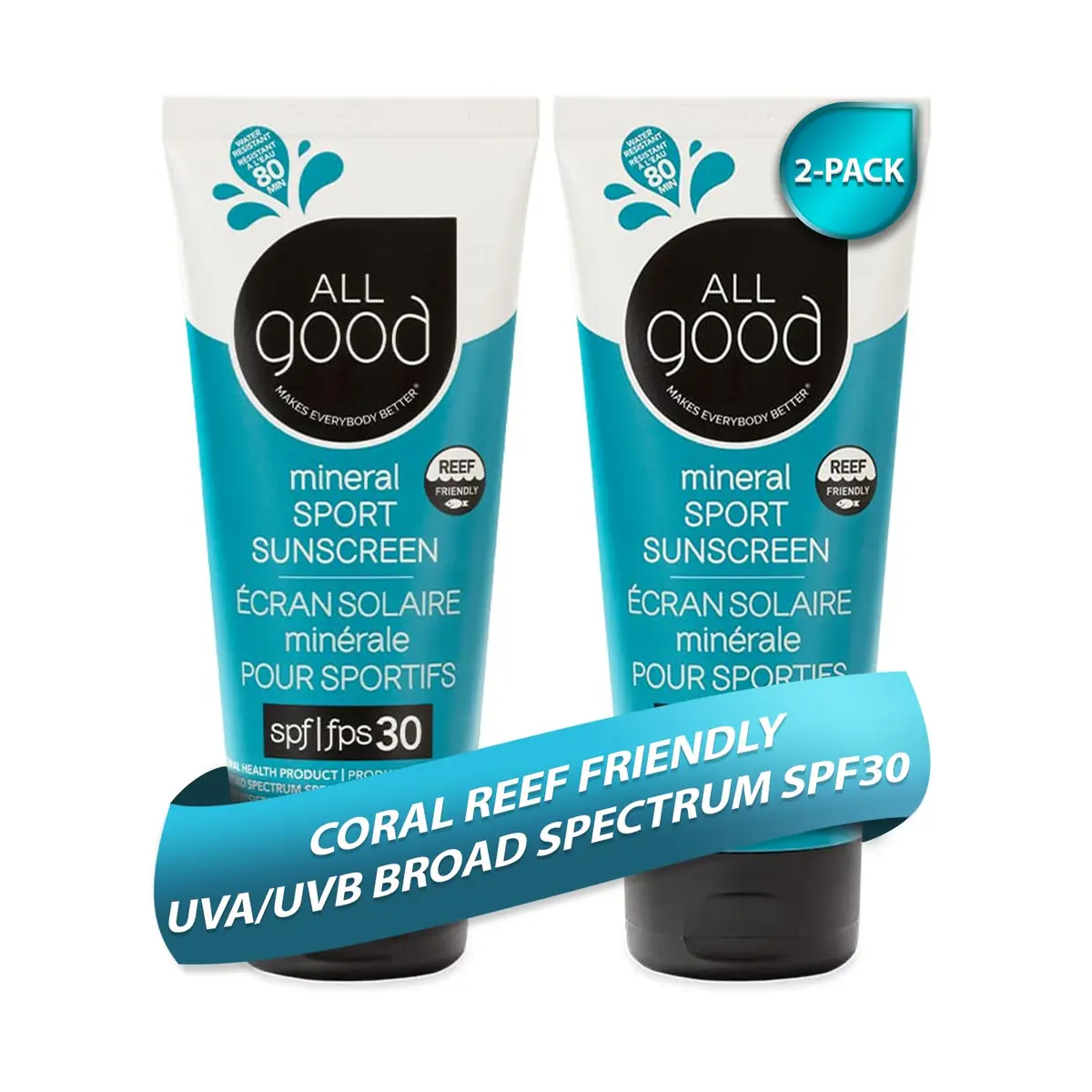 All Good Sunscreen - Sport Mineral Sunscreen Lotion, Reef Friendly, SPF 30+ for Face & Body, Water & Sweat Resistant, 2-pack (3 oz) - main product image