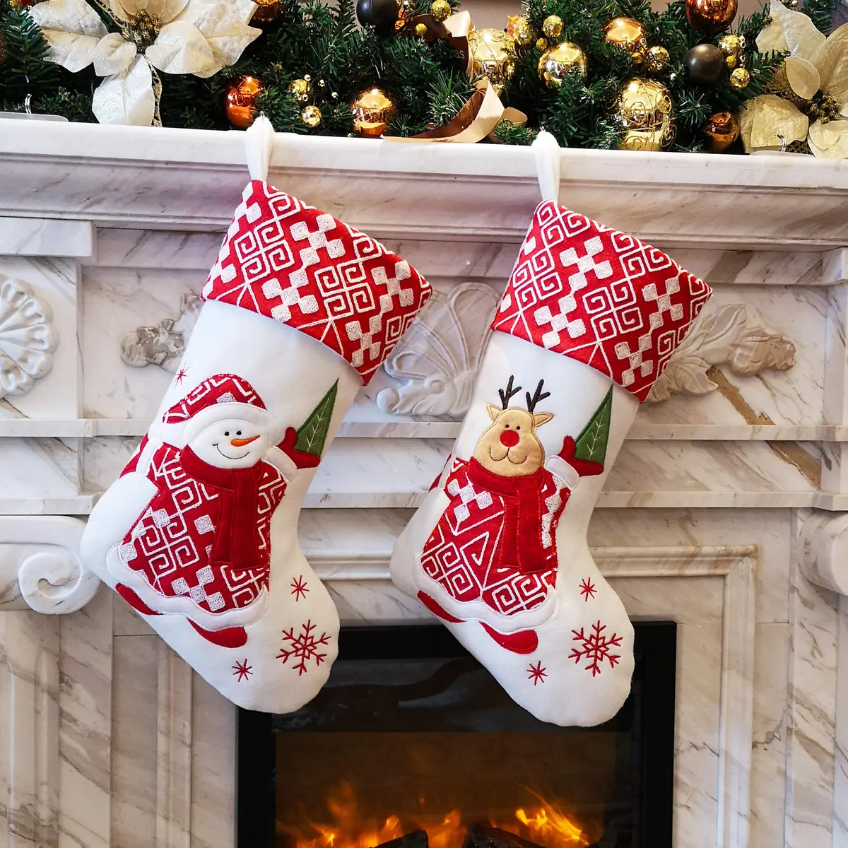 WEWILL Classic Christmas Stockings Set of 2 Elk, Snowman 17 inch | Festive Holiday Decor - main product image