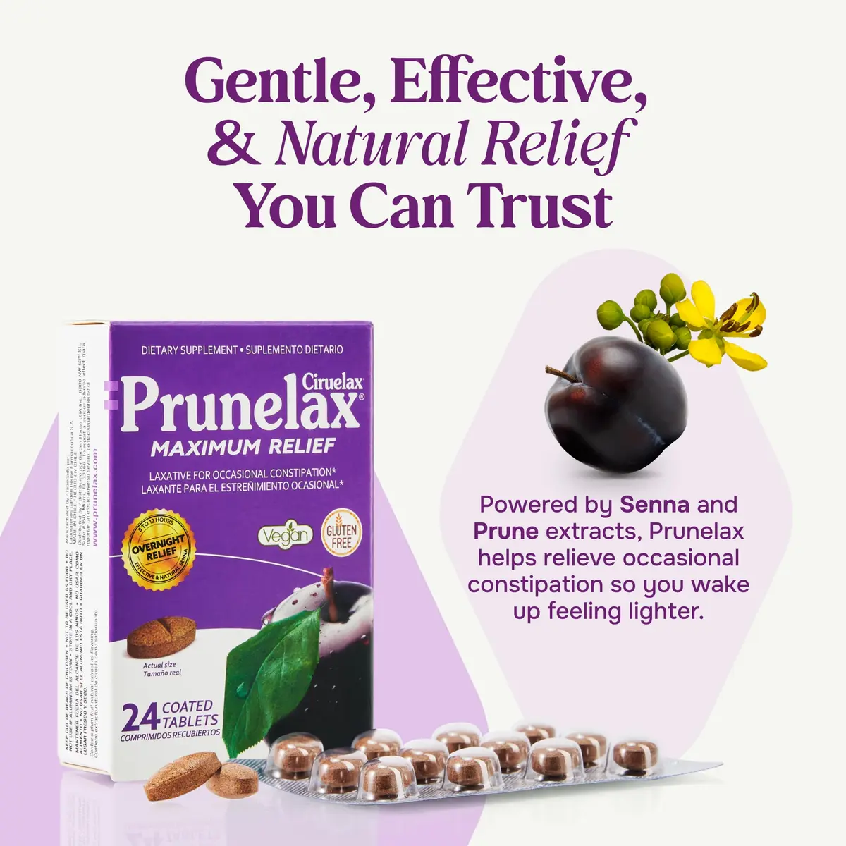 Prunelax Ciruelax Maximum Relief Laxative Tablets with Natural Senna for Occasional Constipation, Senna Extract, Vegan & Gluten-Free, Gentle Overnight Relief - 24ct - view 2