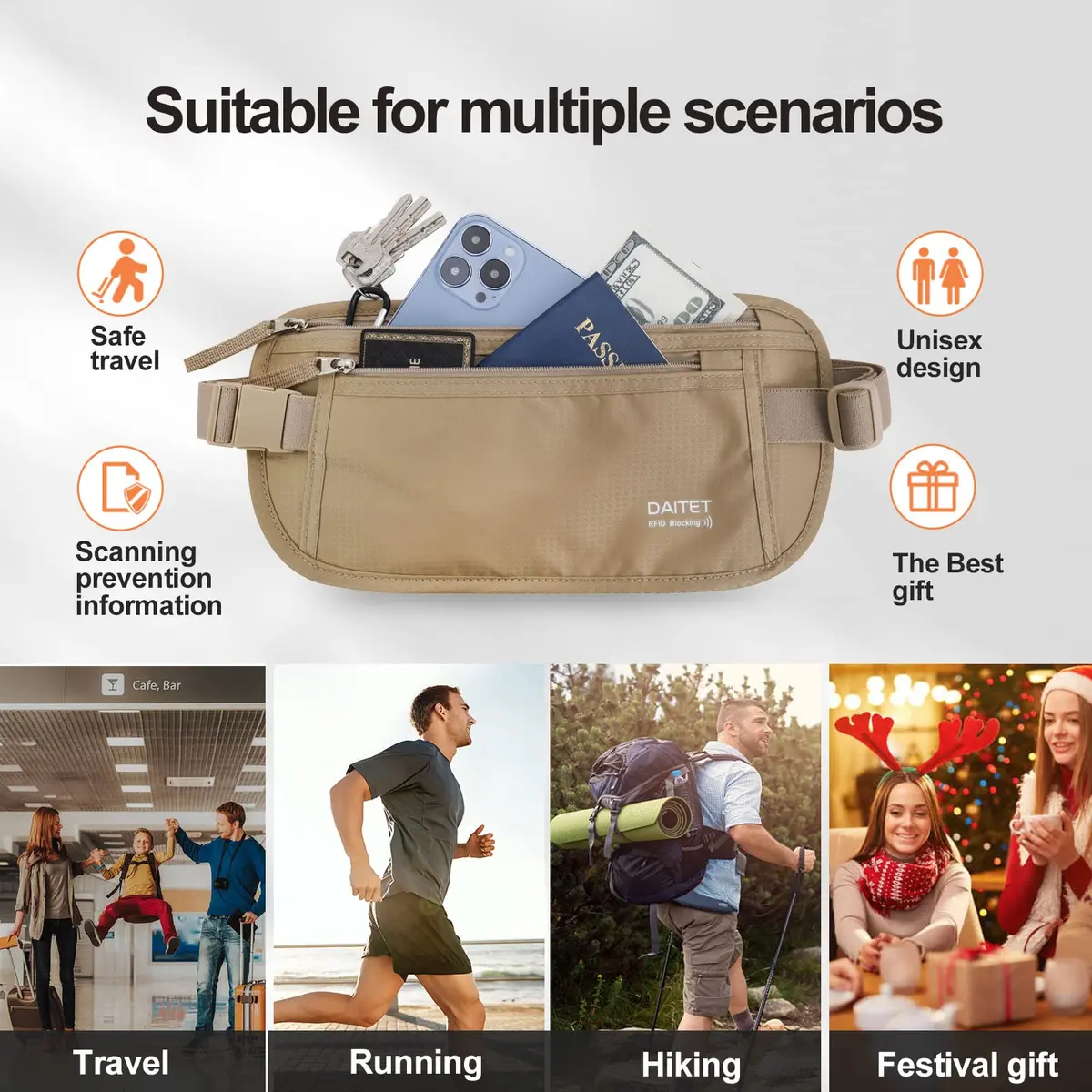 DAITET RFID Blocking Money Belt Passport Holder with Hidden Travel Wallet & Fanny Pack (Beige, 11.2" x 5.5") - view 5