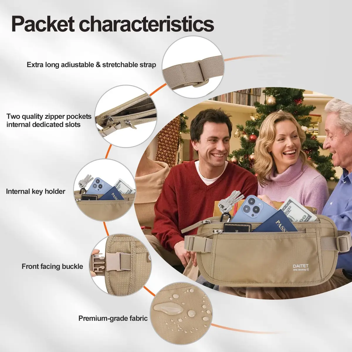 DAITET RFID Blocking Money Belt Passport Holder with Hidden Travel Wallet & Fanny Pack (Beige, 11.2" x 5.5") - view 8