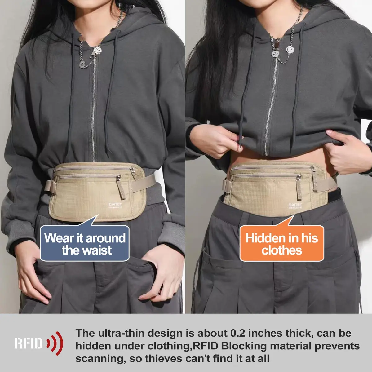 DAITET RFID Blocking Money Belt Passport Holder with Hidden Travel Wallet & Fanny Pack (Beige, 11.2" x 5.5") - view 2