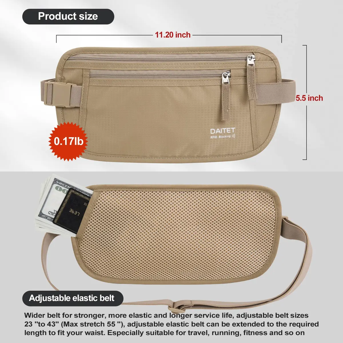 DAITET RFID Blocking Money Belt Passport Holder with Hidden Travel Wallet & Fanny Pack (Beige, 11.2" x 5.5") - view 4